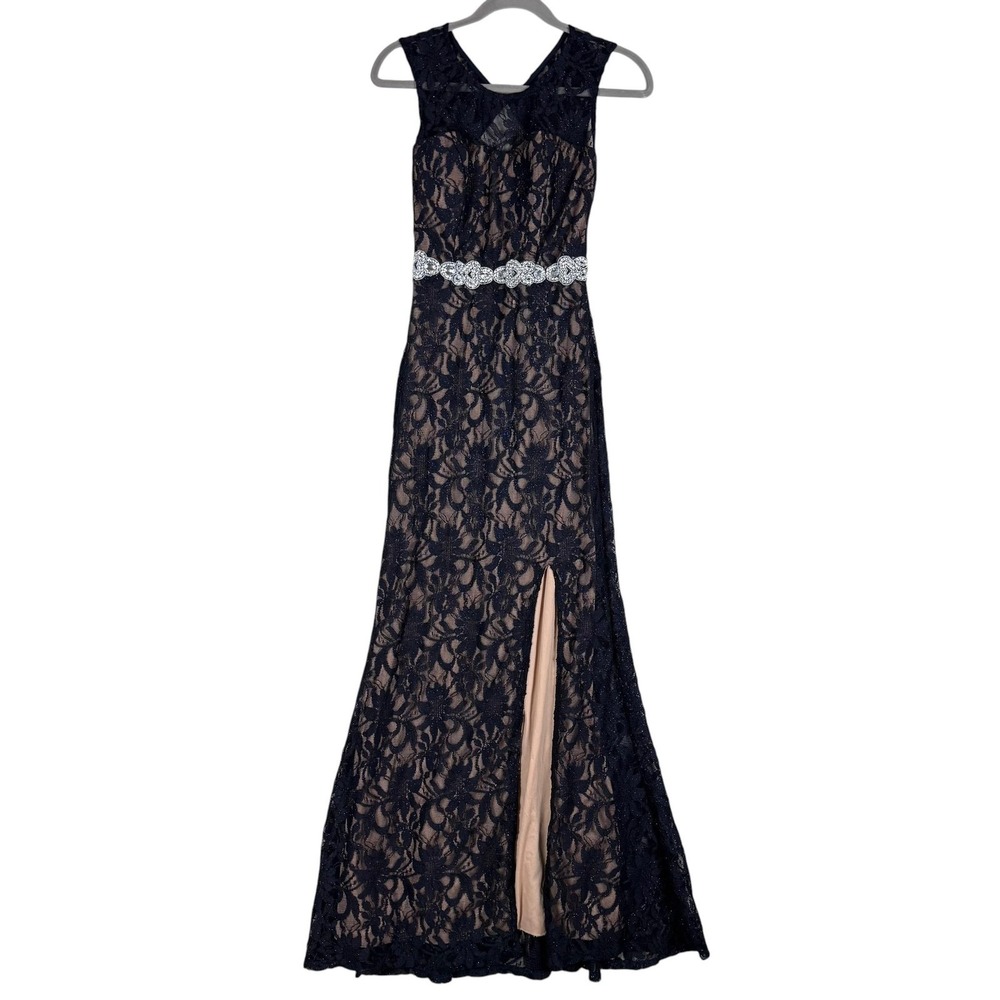 City Triangles Dress Juniors 7 Blue Lace Mermaid Slit Sleeveless Rhinestone Gown